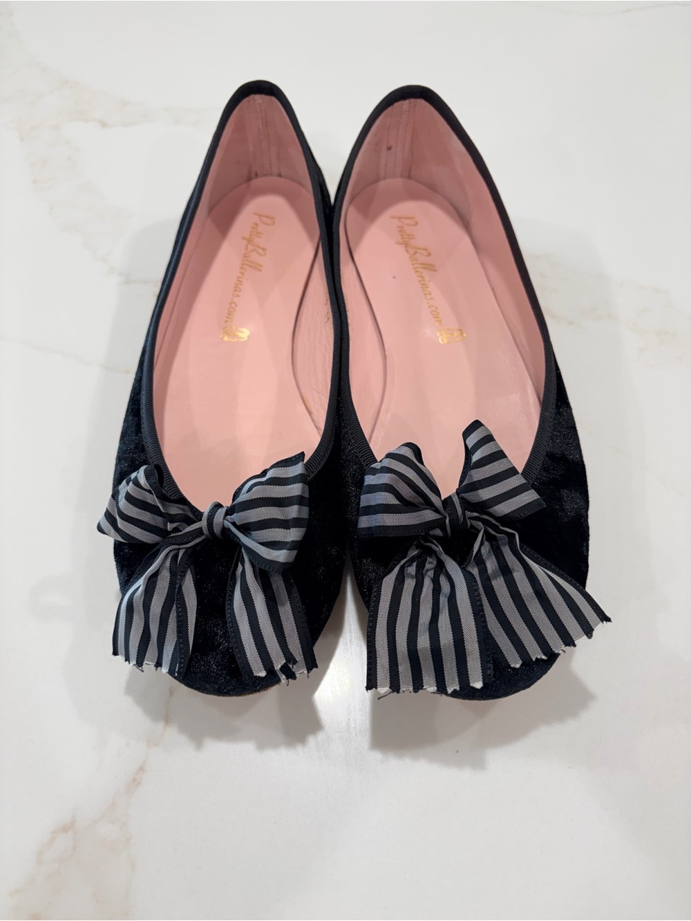 Pretty Ballerinas Black Velvet Flats with Pink Insole and Striped Bow